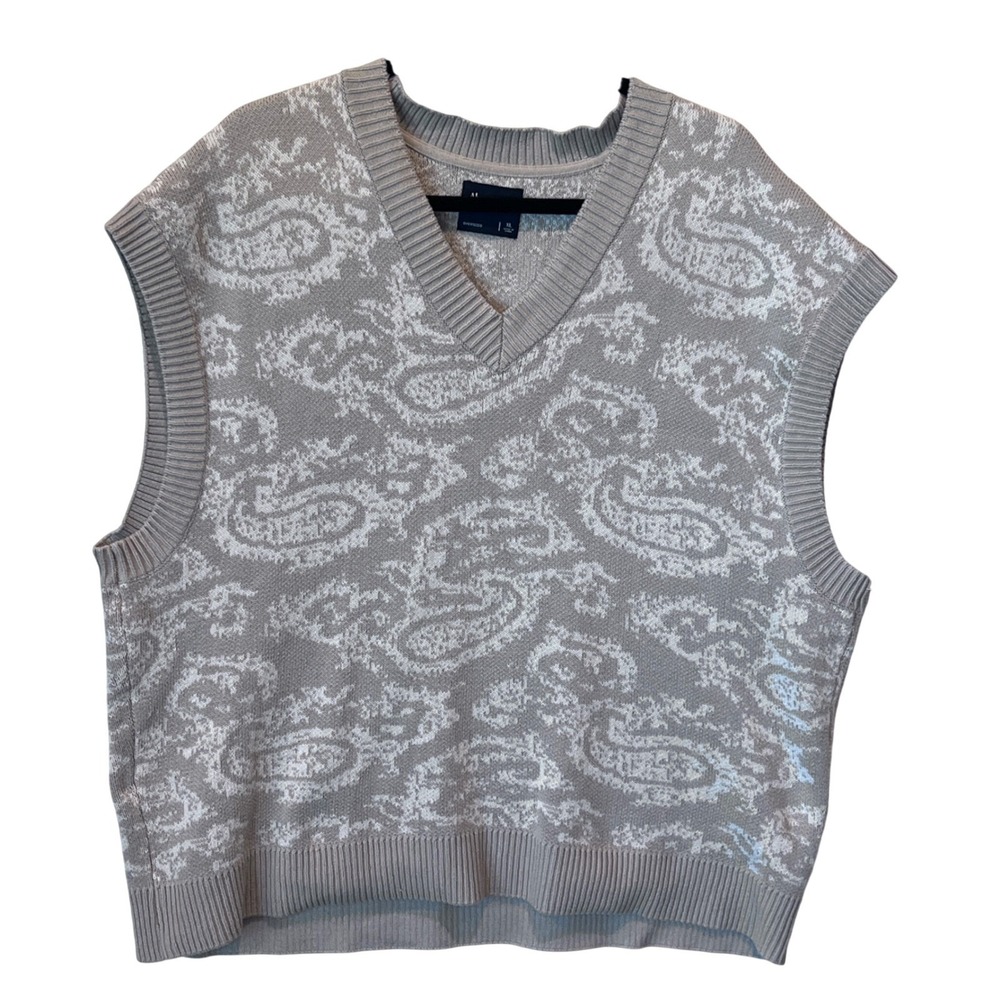 Abercrombie & Fitch‎ XL Oversized Beige Paisley Cotton Knit V-Neck Sweater Vest